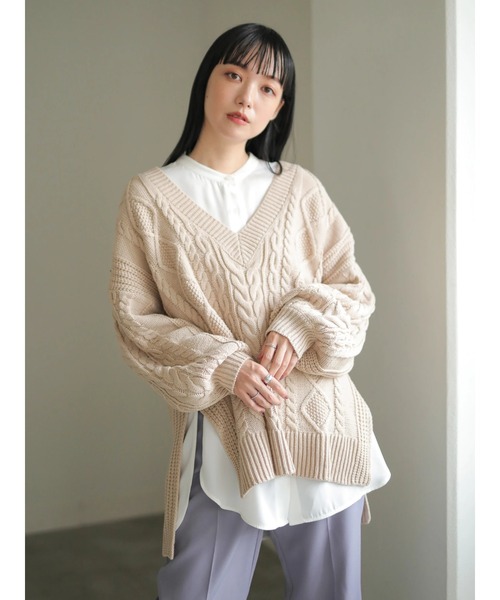 earth music&ecology（アースミュージックアンドエコロジー）の「【WEB限定】好きな丈Vネックケーブルニット（ロング）＊（ニット/セーター・レディース・ダークパープル/モカ/その他6/グレイッシュベージュ・FREE）」の6枚目の写真