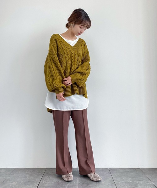 earth music&ecology（アースミュージックアンドエコロジー）の「【WEB限定】好きな丈Vネックケーブルニット（ロング）＊（ニット/セーター・レディース・ダークパープル/モカ/その他6/グレイッシュベージュ・FREE）」の22枚目の写真