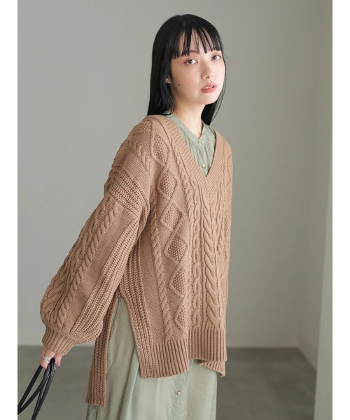 earth music&ecology（アースミュージックアンドエコロジー）の「【WEB限定】好きな丈Vネックケーブルニット（ロング）＊（ニット/セーター・レディース・ダークパープル/モカ/その他6/グレイッシュベージュ・FREE）」の18枚目の写真