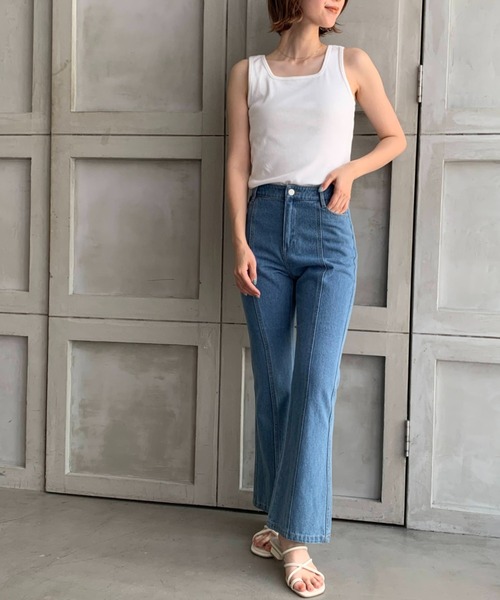 moment+(モーメントプラス)の「綿100%フライス.スクエアネックタンクトップ(タンクトップ・レディース・ブラック/ベージュ/オフホワイト/ライトグリーン/モカ/杢グレー/イエロー×グリーン/ナチュラル/クリアグリーン/オレンジ/ターコイズブルー/ホワイト系その他・M/L)」の17枚目の写真