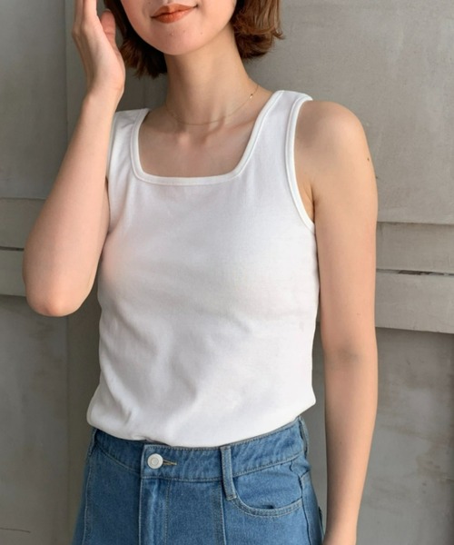 moment+(モーメントプラス)の「綿100%フライス.スクエアネックタンクトップ(タンクトップ・レディース・ブラック/ベージュ/オフホワイト/ライトグリーン/モカ/杢グレー/イエロー×グリーン/ナチュラル/クリアグリーン/オレンジ/ターコイズブルー/ホワイト系その他・M/L)」の15枚目の写真