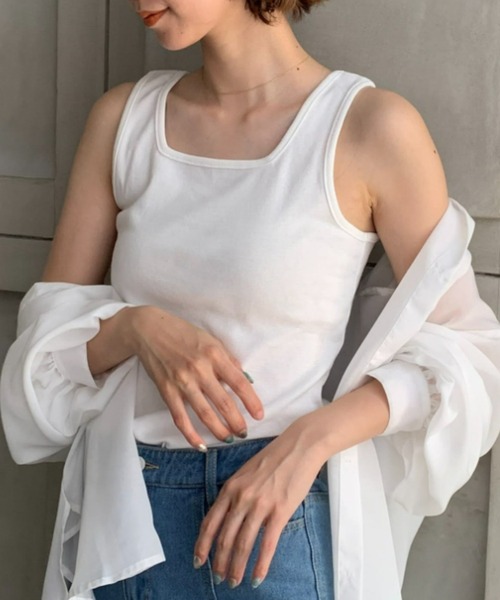 moment+(モーメントプラス)の「綿100%フライス.スクエアネックタンクトップ(タンクトップ・レディース・ブラック/ベージュ/オフホワイト/ライトグリーン/モカ/杢グレー/イエロー×グリーン/ナチュラル/クリアグリーン/オレンジ/ターコイズブルー/ホワイト系その他・M/L)」の13枚目の写真