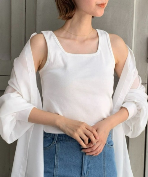 moment+(モーメントプラス)の「綿100%フライス.スクエアネックタンクトップ(タンクトップ・レディース・ブラック/ベージュ/オフホワイト/ライトグリーン/モカ/杢グレー/イエロー×グリーン/ナチュラル/クリアグリーン/オレンジ/ターコイズブルー/ホワイト系その他・M/L)」の14枚目の写真