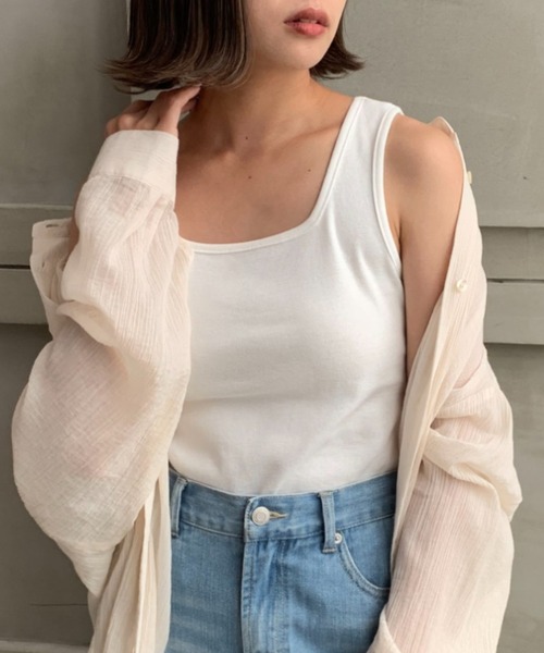 moment+(モーメントプラス)の「綿100%フライス.スクエアネックタンクトップ(タンクトップ・レディース・ブラック/ベージュ/オフホワイト/ライトグリーン/モカ/杢グレー/イエロー×グリーン/ナチュラル/クリアグリーン/オレンジ/ターコイズブルー/ホワイト系その他・M/L)」の18枚目の写真