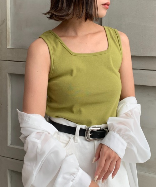 moment+(モーメントプラス)の「綿100%フライス.スクエアネックタンクトップ(タンクトップ・レディース・ブラック/ベージュ/オフホワイト/ライトグリーン/モカ/杢グレー/イエロー×グリーン/ナチュラル/クリアグリーン/オレンジ/ターコイズブルー/ホワイト系その他・M/L)」の20枚目の写真