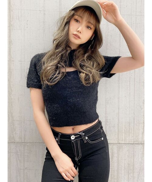 GYDA（ジェイダ）の「フロントOPENハーフスリーブシャギーニット TOPS（ニット/セーター・レディース・ブラック/ベージュ/アイボリー・FREE）」の3枚目の写真