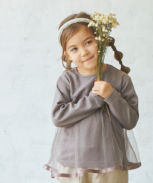 pairmanon（ペアマノン）の「【ふんわりワッフル】チュールドッキング長袖Tシャツ（Tシャツ/カットソー・キッズ・ピンク/モカ/ラベンダー/グレイッシュベージュ/ブルー系その他3/ブラック/ピンク系その他5/ブラック系その他2/ブラウン系その他2・90/100/110/120/130/140/150）」の4枚目の写真