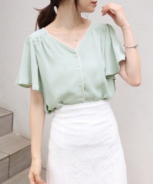 one after another NICE CLAUP（ワンアフターアナザーナイスクラップ）の「【WEB限定カラーあり】フレア配色パイピングブラウス（シャツ/ブラウス・レディース・ブラック/イエロー/アイボリー/ミント/その他1/その他2・FREE）」の3枚目の写真