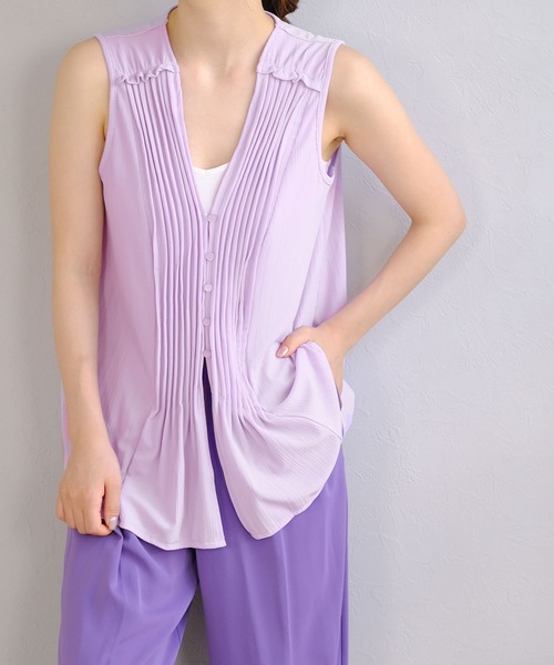 ANDJ(アンドジェイ)の「シアーランダムリブピンタックノースリーブトップス(タンクトップ・レディース・オフホワイト/イエロー/パープル・M)」の2枚目の写真