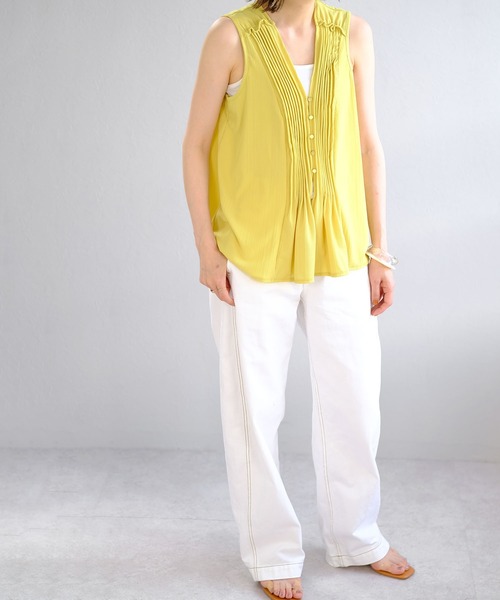 ANDJ(アンドジェイ)の「シアーランダムリブピンタックノースリーブトップス(タンクトップ・レディース・オフホワイト/イエロー/パープル・M)」の4枚目の写真