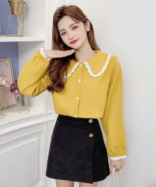 .KOM（ドットコム）の「A'GEM/9 × .kom『.kom SELECT/ドットケーオーエム』Poncho Lace Blouse/ポンチョ風 レース付き ブラウス 長袖（シャツ/ブラウス・レディース・ブルー/イエロー/パープル/ホワイト/ブラウン・FREE）」の5枚目の写真