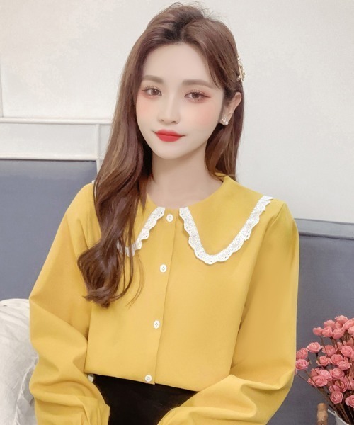 .KOM（ドットコム）の「A'GEM/9 × .kom『.kom SELECT/ドットケーオーエム』Poncho Lace Blouse/ポンチョ風 レース付き ブラウス 長袖（シャツ/ブラウス・レディース・ブルー/イエロー/パープル/ホワイト/ブラウン・FREE）」の9枚目の写真