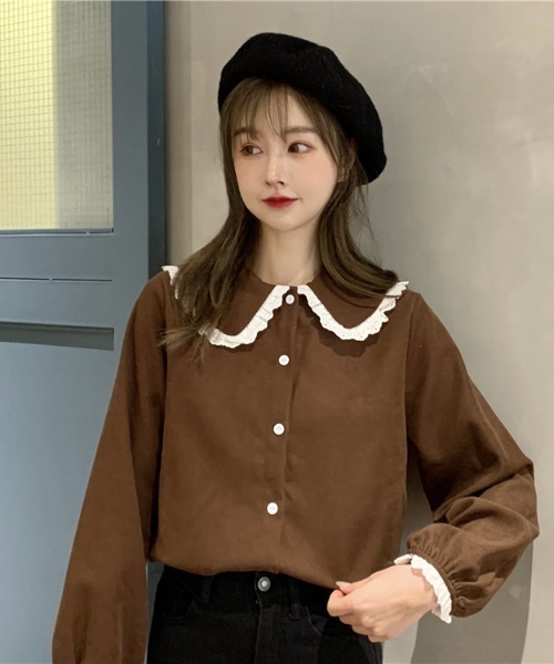 .KOM（ドットコム）の「A'GEM/9 × .kom『.kom SELECT/ドットケーオーエム』Poncho Lace Blouse/ポンチョ風 レース付き ブラウス 長袖（シャツ/ブラウス・レディース・ブルー/イエロー/パープル/ホワイト/ブラウン・FREE）」の18枚目の写真