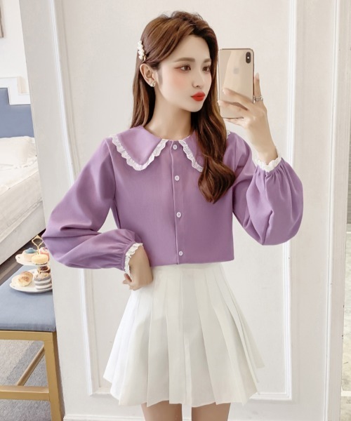 .KOM（ドットコム）の「A'GEM/9 × .kom『.kom SELECT/ドットケーオーエム』Poncho Lace Blouse/ポンチョ風 レース付き ブラウス 長袖（シャツ/ブラウス・レディース・ブルー/イエロー/パープル/ホワイト/ブラウン・FREE）」の19枚目の写真