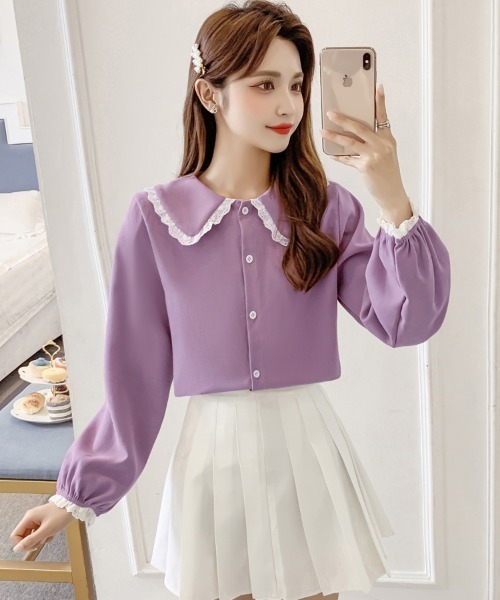 .KOM（ドットコム）の「A'GEM/9 × .kom『.kom SELECT/ドットケーオーエム』Poncho Lace Blouse/ポンチョ風 レース付き ブラウス 長袖（シャツ/ブラウス・レディース・ブルー/イエロー/パープル/ホワイト/ブラウン・FREE）」の14枚目の写真