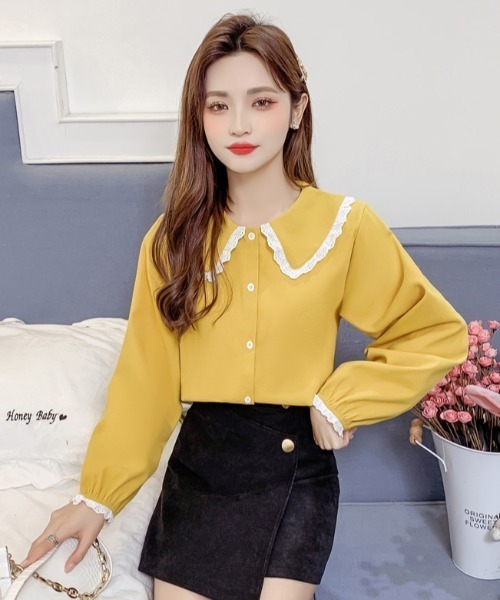 .KOM（ドットコム）の「A'GEM/9 × .kom『.kom SELECT/ドットケーオーエム』Poncho Lace Blouse/ポンチョ風 レース付き ブラウス 長袖（シャツ/ブラウス・レディース・ブルー/イエロー/パープル/ホワイト/ブラウン・FREE）」の20枚目の写真