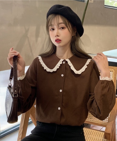 .KOM（ドットコム）の「A'GEM/9 × .kom『.kom SELECT/ドットケーオーエム』Poncho Lace Blouse/ポンチョ風 レース付き ブラウス 長袖（シャツ/ブラウス・レディース・ブルー/イエロー/パープル/ホワイト/ブラウン・FREE）」の17枚目の写真