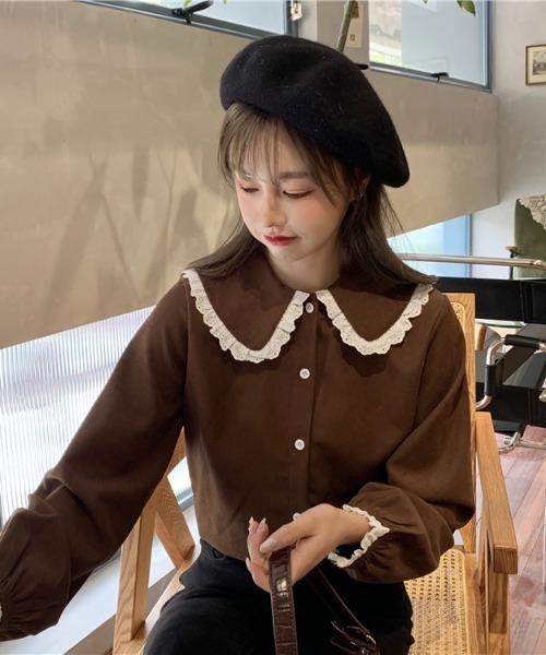 .KOM（ドットコム）の「A'GEM/9 × .kom『.kom SELECT/ドットケーオーエム』Poncho Lace Blouse/ポンチョ風 レース付き ブラウス 長袖（シャツ/ブラウス・レディース・ブルー/イエロー/パープル/ホワイト/ブラウン・FREE）」の22枚目の写真