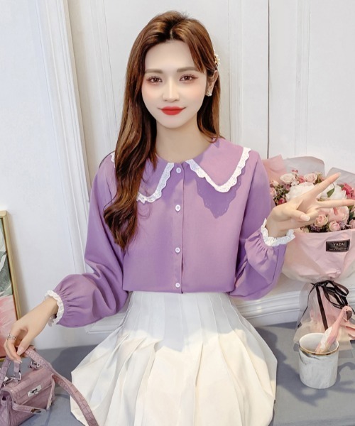 .KOM（ドットコム）の「A'GEM/9 × .kom『.kom SELECT/ドットケーオーエム』Poncho Lace Blouse/ポンチョ風 レース付き ブラウス 長袖（シャツ/ブラウス・レディース・ブルー/イエロー/パープル/ホワイト/ブラウン・FREE）」の8枚目の写真
