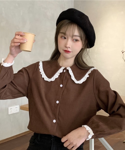 .KOM（ドットコム）の「A'GEM/9 × .kom『.kom SELECT/ドットケーオーエム』Poncho Lace Blouse/ポンチョ風 レース付き ブラウス 長袖（シャツ/ブラウス・レディース・ブルー/イエロー/パープル/ホワイト/ブラウン・FREE）」の13枚目の写真