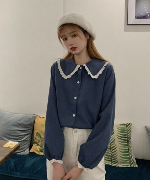 .KOM（ドットコム）の「A'GEM/9 × .kom『.kom SELECT/ドットケーオーエム』Poncho Lace Blouse/ポンチョ風 レース付き ブラウス 長袖（シャツ/ブラウス・レディース・ブルー/イエロー/パープル/ホワイト/ブラウン・FREE）」の12枚目の写真