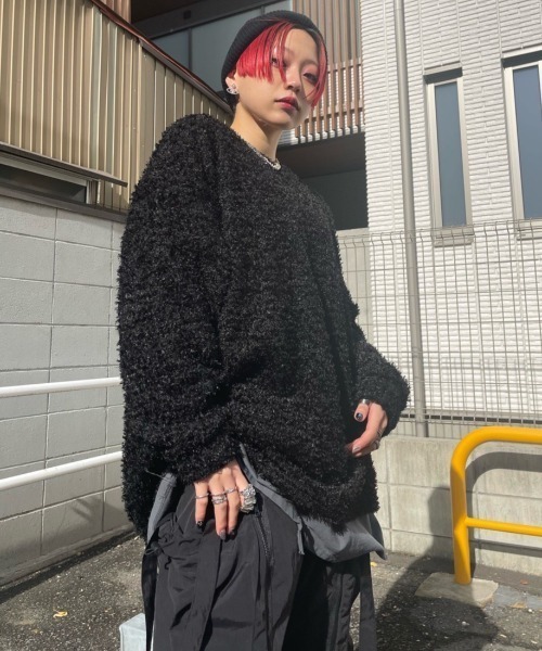 XU（エックスユー）の「【XU/エックスユー】poodle knit/プードルニット シンプルニット ビッグサイズ オーバーサイズニット（ニット/セーター・メンズ・グレー/ブラック・ONE SIZE）」の2枚目の写真