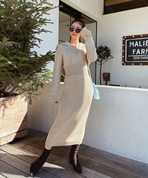 セール】ZIP襟付きニットロングワンピース（ワンピース）｜esutoreja