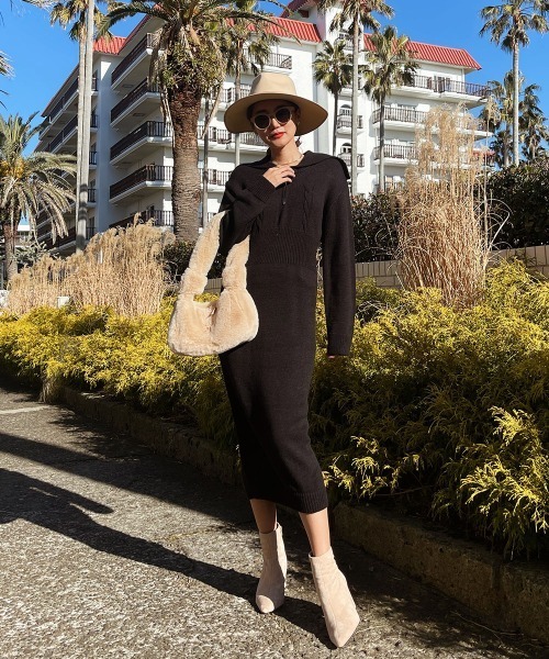 esutoreja（エストレジャ）の「ZIP襟付きニットロングワンピース（ワンピース・レディース・ベージュ/ブラック・FREE）」の4枚目の写真