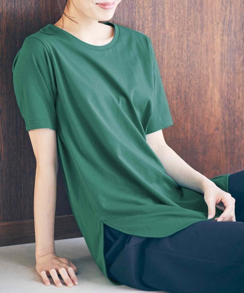 RANAN(ラナン)の「〈Beautiful Cotton 綿100%〉UVカット/接触冷感 ラウンドヘムチュニック(Tシャツ/カットソー・レディース・ブラック/ライトグレー/ネイビー/オフホワイト/グリーン/ダークブルー/イエロー/パープル/チャコール・LL/M/L/3L)」の6枚目の写真