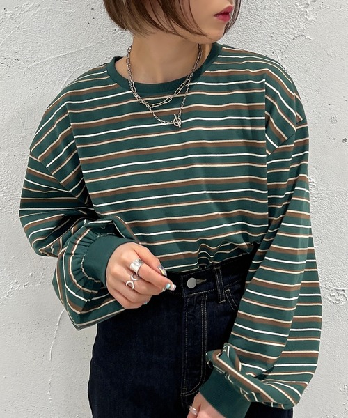 apres jour mignon（アプレジュールミニョン）の「マルチボーダーロンT【ZOZOTOWN限定アイテム】（Tシャツ/カットソー・レディース・ブラック系その他/ライトベージュ/グリーン系その他・フリー/X-LARGE）」の3枚目の写真