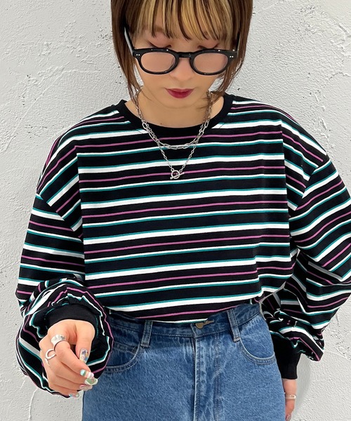 apres jour mignon（アプレジュールミニョン）の「マルチボーダーロンT【ZOZOTOWN限定アイテム】（Tシャツ/カットソー・レディース・ブラック系その他/ライトベージュ/グリーン系その他・フリー/X-LARGE）」の4枚目の写真