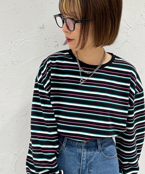 apres jour mignon（アプレジュールミニョン）の「マルチボーダーロンT【ZOZOTOWN限定アイテム】（Tシャツ/カットソー・レディース・ブラック系その他/ライトベージュ/グリーン系その他・フリー/X-LARGE）」の5枚目の写真