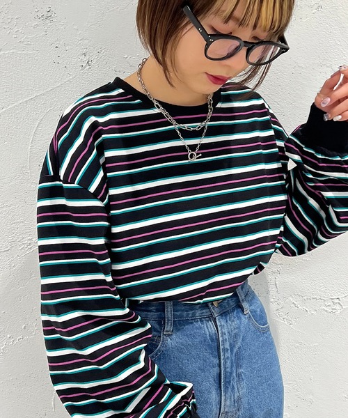 apres jour mignon（アプレジュールミニョン）の「マルチボーダーロンT【ZOZOTOWN限定アイテム】（Tシャツ/カットソー・レディース・ブラック系その他/ライトベージュ/グリーン系その他・フリー/X-LARGE）」の6枚目の写真