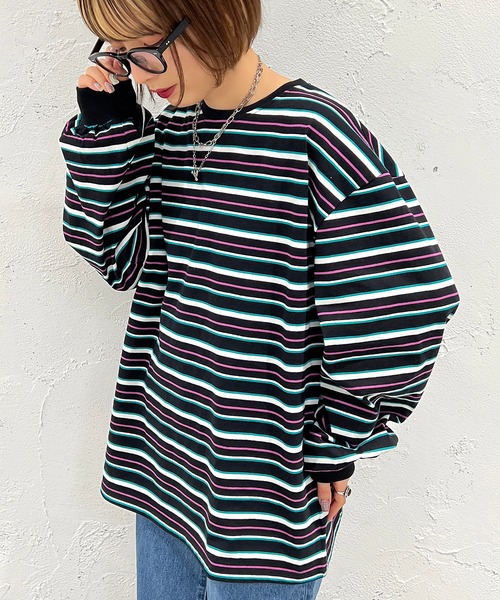 apres jour mignon（アプレジュールミニョン）の「マルチボーダーロンT【ZOZOTOWN限定アイテム】（Tシャツ/カットソー・レディース・ブラック系その他/ライトベージュ/グリーン系その他・フリー/X-LARGE）」の7枚目の写真