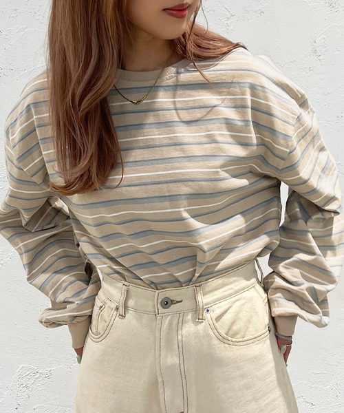 apres jour mignon（アプレジュールミニョン）の「マルチボーダーロンT【ZOZOTOWN限定アイテム】（Tシャツ/カットソー・レディース・ブラック系その他/ライトベージュ/グリーン系その他・フリー/X-LARGE）」の11枚目の写真