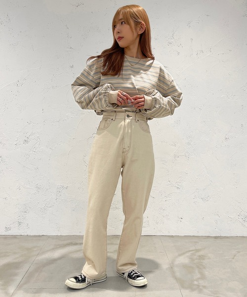 apres jour mignon（アプレジュールミニョン）の「マルチボーダーロンT【ZOZOTOWN限定アイテム】（Tシャツ/カットソー・レディース・ブラック系その他/ライトベージュ/グリーン系その他・フリー/X-LARGE）」の14枚目の写真