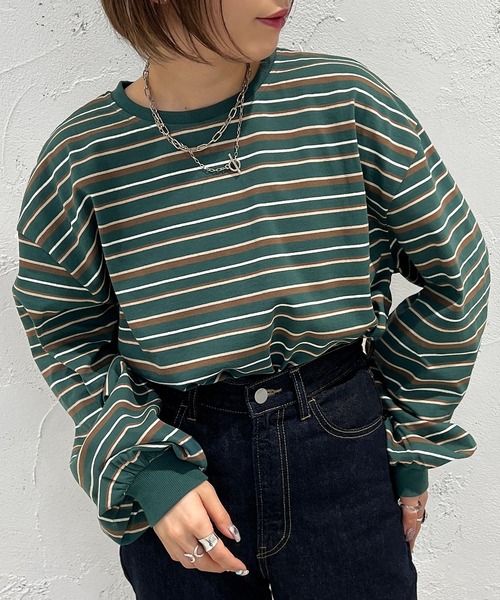 apres jour mignon（アプレジュールミニョン）の「マルチボーダーロンT【ZOZOTOWN限定アイテム】（Tシャツ/カットソー・レディース・ブラック系その他/ライトベージュ/グリーン系その他・フリー/X-LARGE）」の17枚目の写真