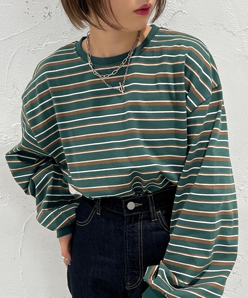 apres jour mignon（アプレジュールミニョン）の「マルチボーダーロンT【ZOZOTOWN限定アイテム】（Tシャツ/カットソー・レディース・ブラック系その他/ライトベージュ/グリーン系その他・フリー/X-LARGE）」の18枚目の写真