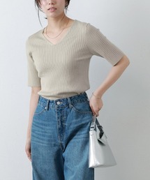 シルクタッチウォッシャブル半袖リブニット Vネック