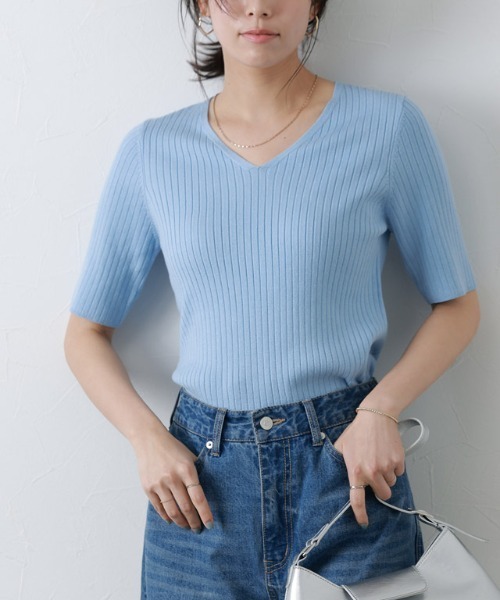 キャピタル　Vネック　リネン＆デニムパッチワーク　サマーニット　Tシャツ セール】シルクタッチウォッシャブル半袖リブニット Vネック