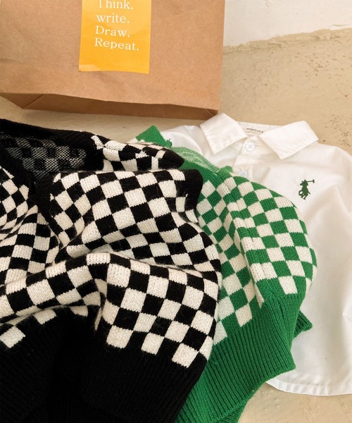 aimoha（アイモハ）の「【aimoha-KIDS-】子供服　ブロックチェックVネックニットベスト（ベスト・キッズ・ブラック/グリーン・90/100/110/120/130/140）」の6枚目の写真