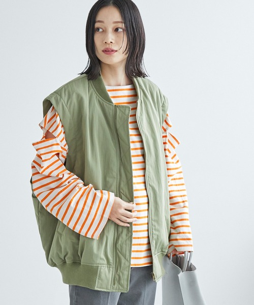 Chaco closet(チャコ クローゼット)の「ボーダーカットアウトスリーブロングTシャツ(Tシャツ/カットソー・レディース・ピンク/オレンジ/ブルー/グリーン/ホワイト×ブラック/ブラック×ホワイト・FREE)」の14枚目の写真