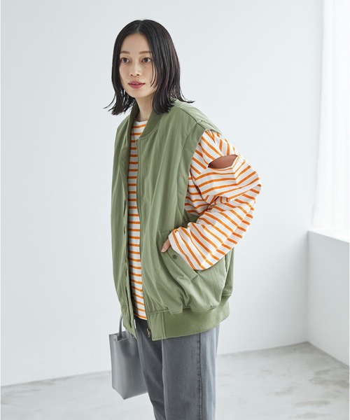 Chaco closet(チャコ クローゼット)の「ボーダーカットアウトスリーブロングTシャツ(Tシャツ/カットソー・レディース・ピンク/オレンジ/ブルー/グリーン/ホワイト×ブラック/ブラック×ホワイト・FREE)」の21枚目の写真