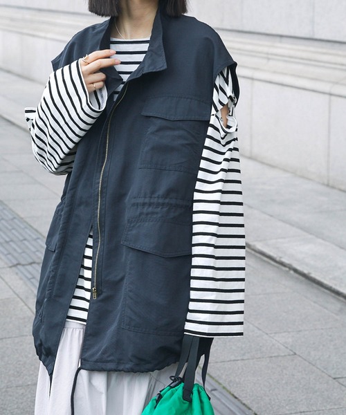 Chaco closet(チャコ クローゼット)の「ボーダーカットアウトスリーブロングTシャツ(Tシャツ/カットソー・レディース・ピンク/オレンジ/ブルー/グリーン/ホワイト×ブラック/ブラック×ホワイト・FREE)」の22枚目の写真