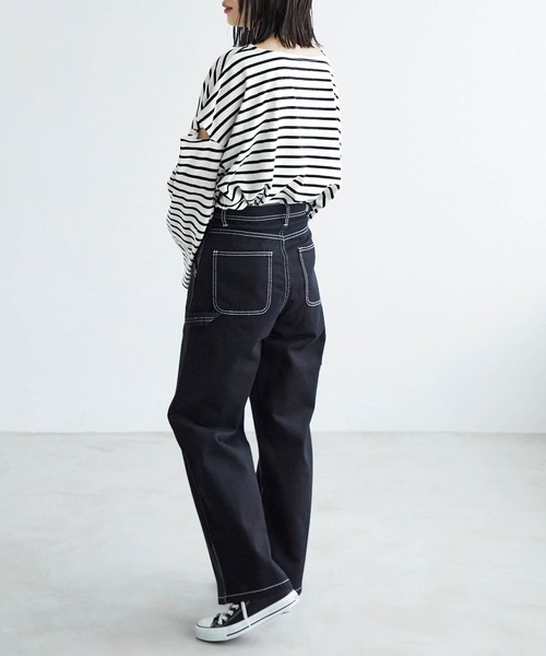 Chaco closet(チャコ クローゼット)の「ボーダーカットアウトスリーブロングTシャツ(Tシャツ/カットソー・レディース・ピンク/オレンジ/ブルー/グリーン/ホワイト×ブラック/ブラック×ホワイト・FREE)」の16枚目の写真