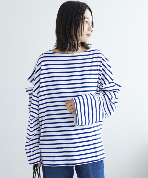 Chaco closet(チャコ クローゼット)の「ボーダーカットアウトスリーブロングTシャツ(Tシャツ/カットソー・レディース・ピンク/オレンジ/ブルー/グリーン/ホワイト×ブラック/ブラック×ホワイト・FREE)」の12枚目の写真