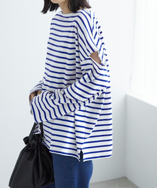 Chaco closet(チャコ クローゼット)の「ボーダーカットアウトスリーブロングTシャツ(Tシャツ/カットソー・レディース・ピンク/オレンジ/ブルー/グリーン/ホワイト×ブラック/ブラック×ホワイト・FREE)」の18枚目の写真