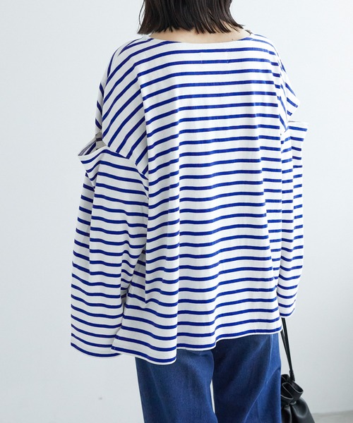 Chaco closet(チャコ クローゼット)の「ボーダーカットアウトスリーブロングTシャツ(Tシャツ/カットソー・レディース・ピンク/オレンジ/ブルー/グリーン/ホワイト×ブラック/ブラック×ホワイト・FREE)」の20枚目の写真