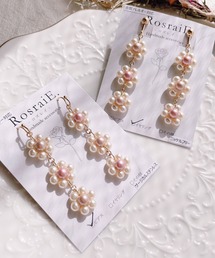 【RosraiE】3連フラワーパール アシンメトリー ロング ピアス(MA)