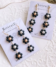 【RosraiE】3連フラワーパール アシンメトリー ロング ピアス(MA)